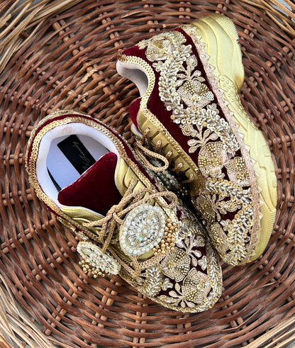 Funky N Trendy Maroon & Gold embroidery work bridal sneakers/ bridesmaid sneaker / golden sneakers/ Maroon sneakers / gold shoes/ bride shoes / handcrafted sneakers / bridal shoes