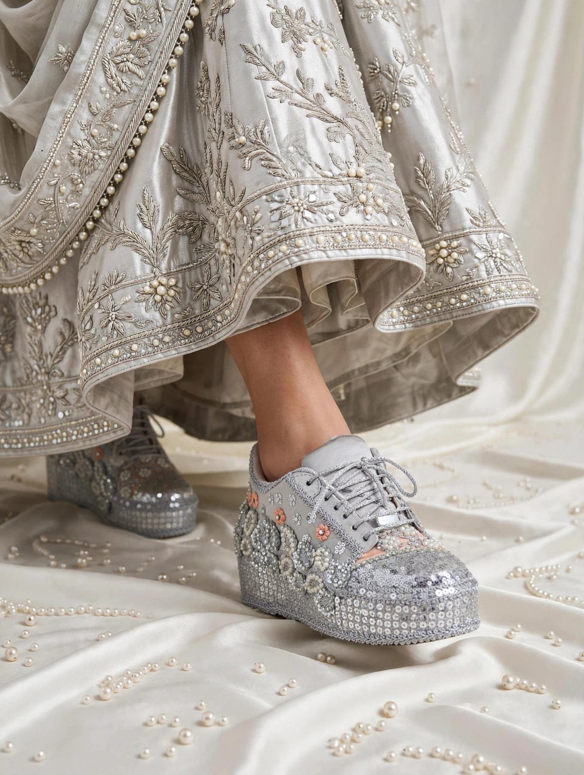 FUNKY N TRENDY Silver Mirror sequine work sneakers - wedge sneakers heeled sneakers/ silver sneakers