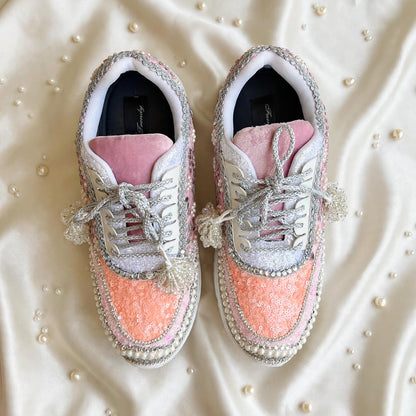 FUNKY N TRENDY peach/pink / pink embroidery sneakers with pearls detailing for brides / bridesmaid sneakers/ pink shoes / peach shoes/ bridal sneakers