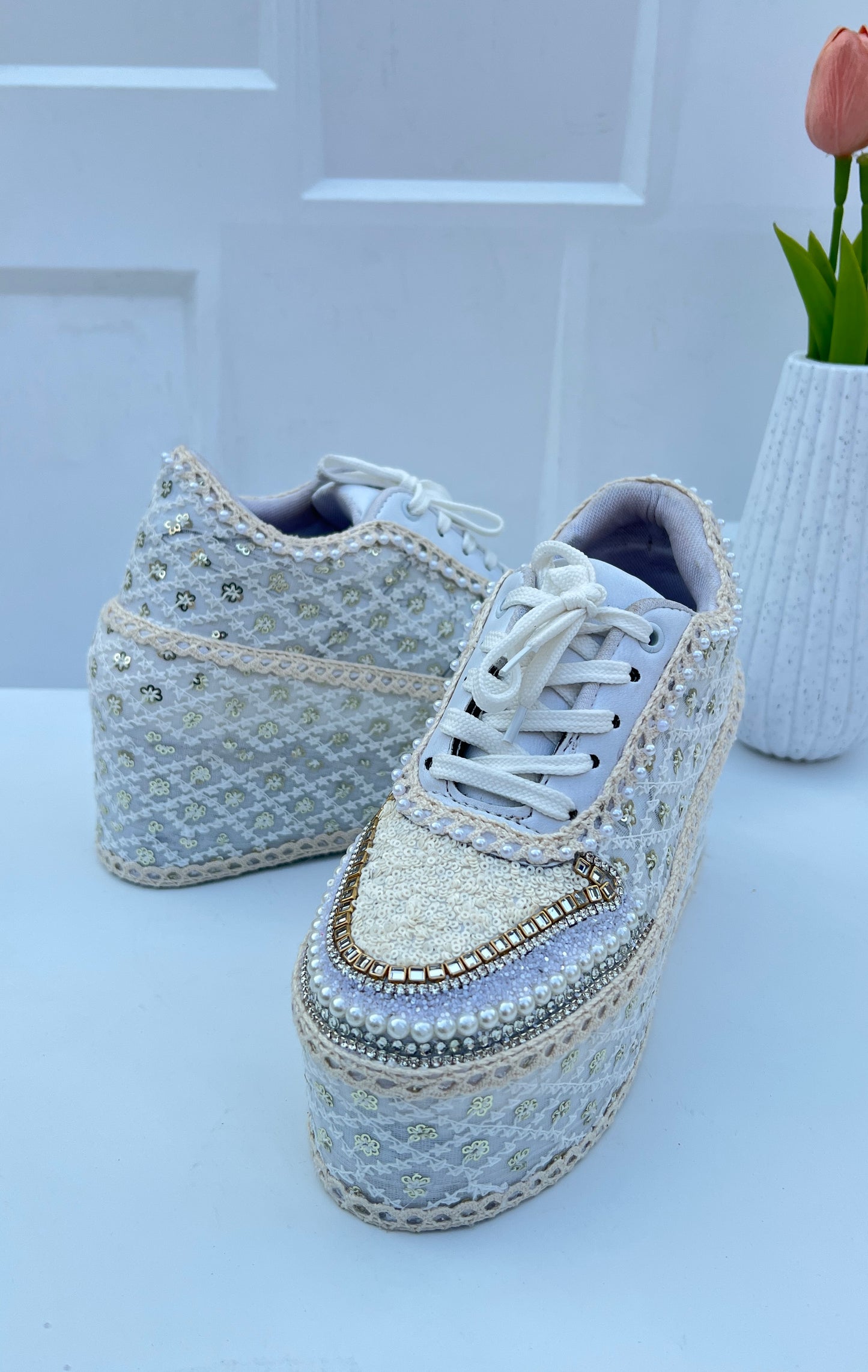 Handcrafted Bridal Sneakers for Brides – Wedding Shoes | Funky N Trendy | Ivory wedges | ivory sneakers