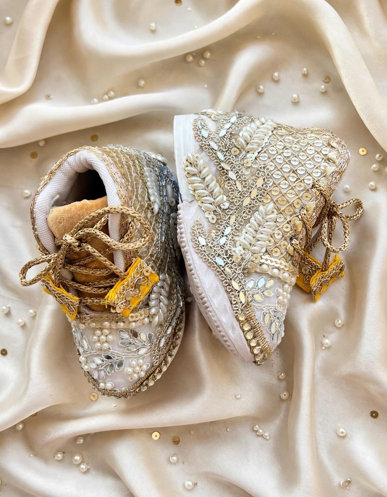 Aaira - Ivory & Gold Baby Girl Ethnic Sneakers | Pearl & Mirror Work First Birthday Shoes