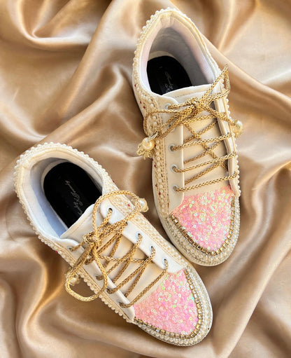 Funky N Trendy ivory and pink embroidery work bridal sneakers/ bridesmaid sneaker / golden sneakers/ pink sneakers / sequine work sneakers/ pink shoes