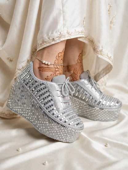 FUNKY N TRENDY Silver Mirror work sneakers - wedge sneakers heeled sneakers/ silver sneakers