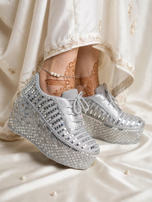 FUNKY N TRENDY Silver Mirror work sneakers - wedge sneakers heeled sneakers/ silver sneakers