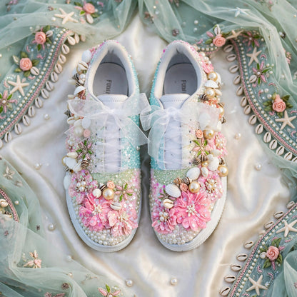 Mermaid Beach Bridal Sneakers - Shell Pearl Wedding Sneakers | Funky N Trendy| Pink & Blue Sneakers