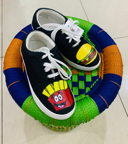Funky N Trendy hand painted water resistant Burger fries theme black shoes/ food shoes / black shoes / funky shoes