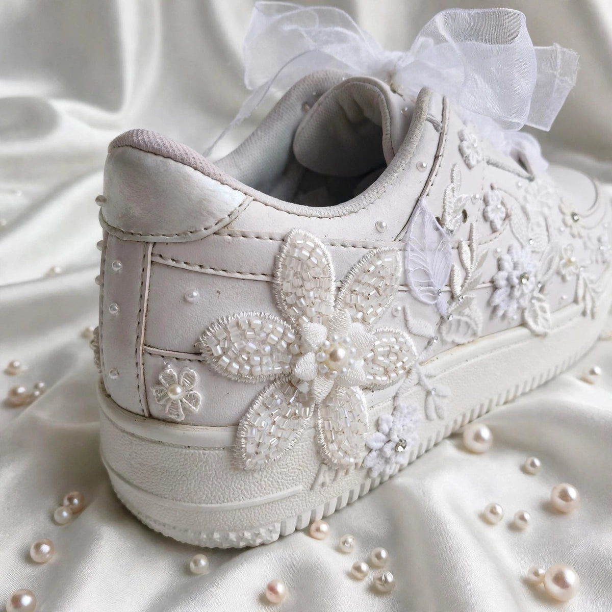 The Pearl - Hand Embroidered White Bridal Sneakers with Pearl Flowers