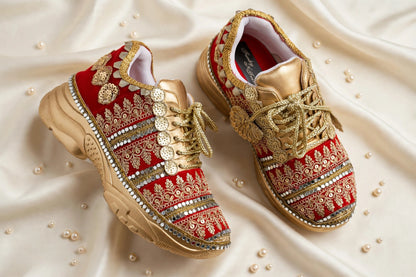 Maharani - Red Velvet Bridal Sneakers with Gold Chunky Sole