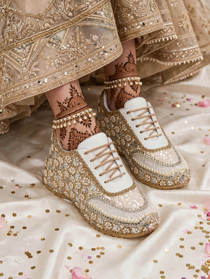 Mirror leaves Pearl blossom Dull gold/ beige Bridal Sneakers – Floral Embroidery” / gold sneakers /ivory sneakers/peach sneakers
