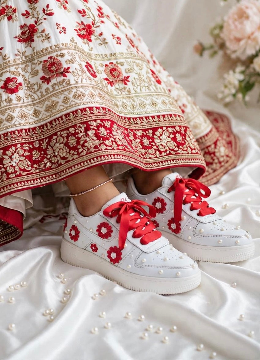 Funky N Trendy red and white pearl work sneakers with floral detailing / bridal sneakers/ sneaker for bride / white sneakers/ pearl sneakers for bride personalised sneakers for brides