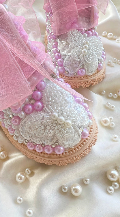 Handcrafted Butterfly & Pearl Custom Boots | Pink Organza Bows - Funky N Trendy