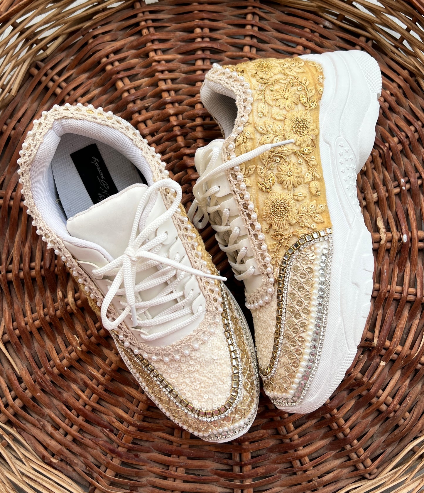 Funky N Trendy ivory / off white embroidery work bridal sneakers/ bridesmaid sneaker / hancrafted sneakers / gold sneakers / golden sneakers