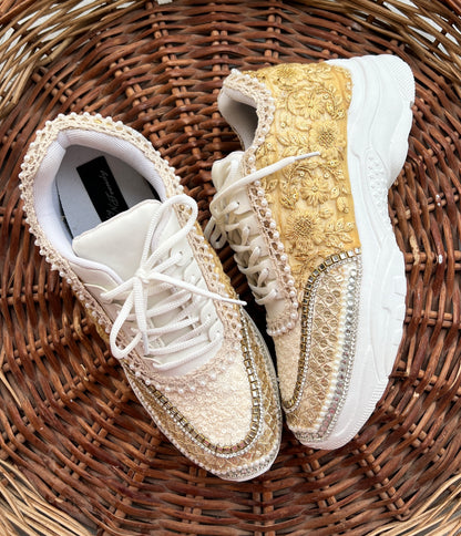 Funky N Trendy ivory / off white embroidery work bridal sneakers/ bridesmaid sneaker / hancrafted sneakers / gold sneakers / golden sneakers