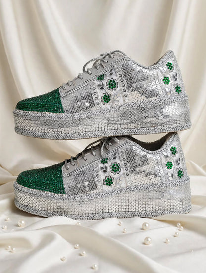 Silver Green Rhinestone Magic - Bridal Platform Sneakers | Silver Wedge Sneakers for Engagement or Sangeet