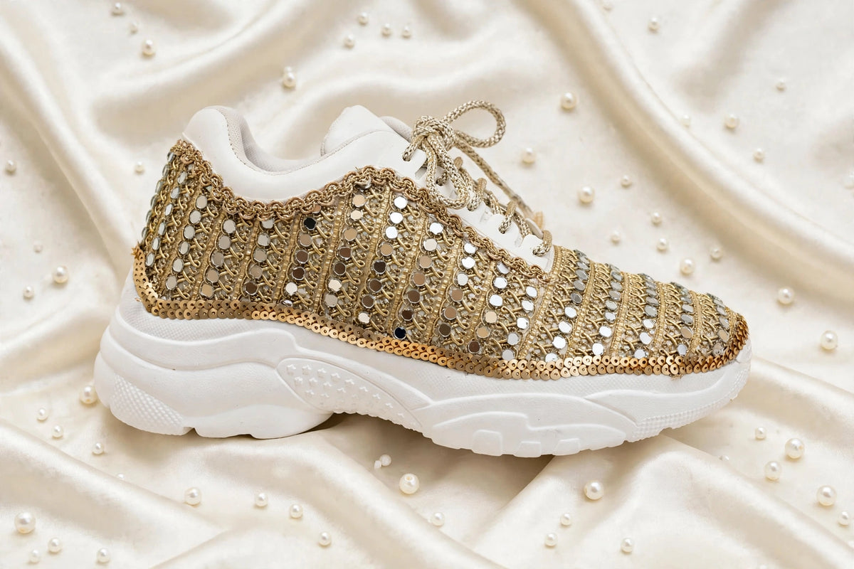 FUNKY N TRENDY dull gold mirror heeled sneakers for brides /bridesmaids / sneakers for bridesmaids/ handcrafted sneakers/ mirror sneakers / bridal sneakers / bridesmaid sneakers/ gold sneakers / mirror shoes