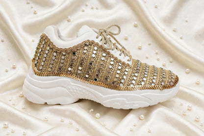 FUNKY N TRENDY dull gold mirror heeled sneakers for brides /bridesmaids / sneakers for bridesmaids/ handcrafted sneakers/ mirror sneakers / bridal sneakers / bridesmaid sneakers/ gold sneakers / mirror shoes