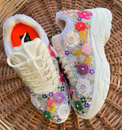 FUNKY N TRENDY fully hand crafted purple floral work with beads rhinestones cutdana etc /bridal sneakers / bridesmaid sneakers/ floral sneakers /colorful sneakers /bridal shoes / haldi mahendi shoes/ carnival sneakers / lilac levender sneakers