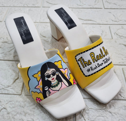 FUNKY N TRENDY hand painted water resistant wedding theme block heels for bride / handpainted heels / quirky heels/ kudi pataka sandals / kudi pataka heels / yellow heels/