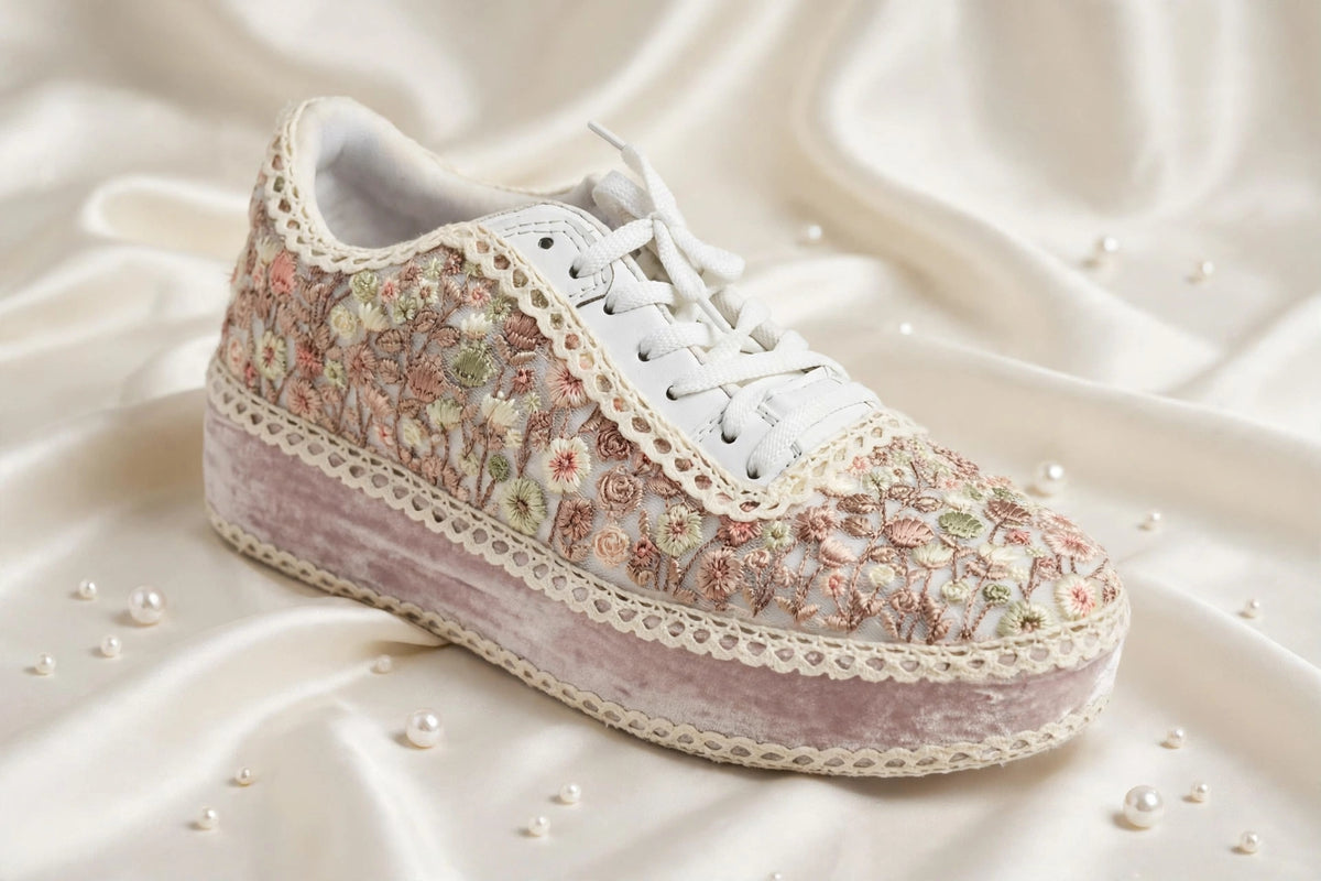 FUNKY N TRENDY Wildflower Embroidered Platform Sneakers – Blush Pink Floral Bridal Sneakers for Mehendi/Sangeet
