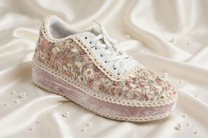 FUNKY N TRENDY Wildflower Embroidered Platform Sneakers – Blush Pink Floral Bridal Sneakers for Mehendi/Sangeet