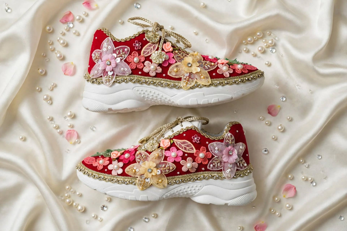 Laal Ishq - Red Bridal Sneakers with Multicolor Floral Embroidery & Pearls