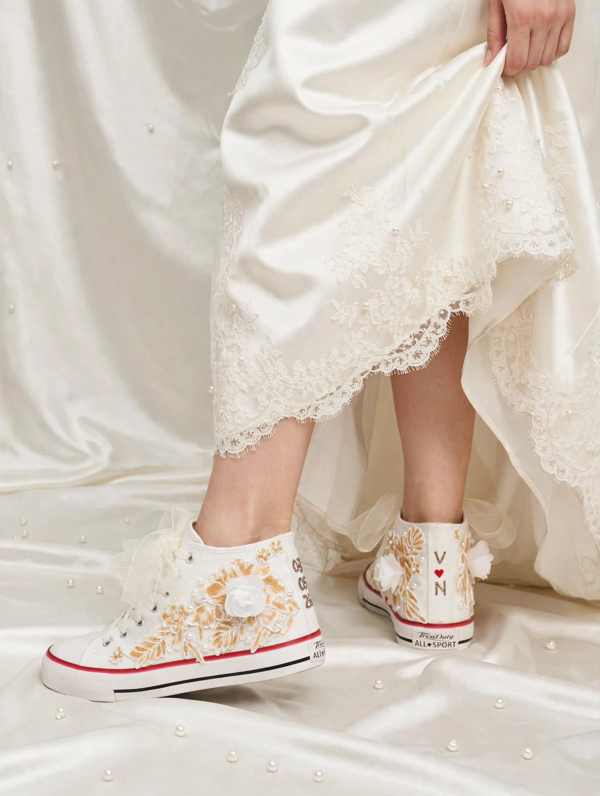 Customized Bridal Sneakers with Name initials / wedding date– Wedding Shoes for Bride/ white floral sneakers