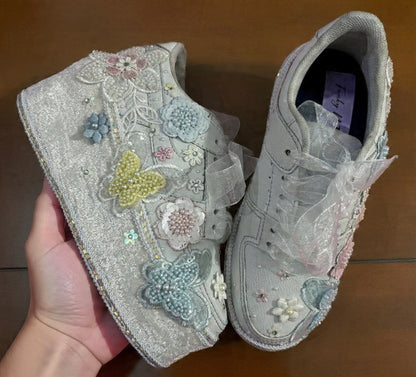 FUNKY N TRENDY Hand embroidered butterfly theme sneakers - wedge sneakers heeled sneakers/ white sneakers