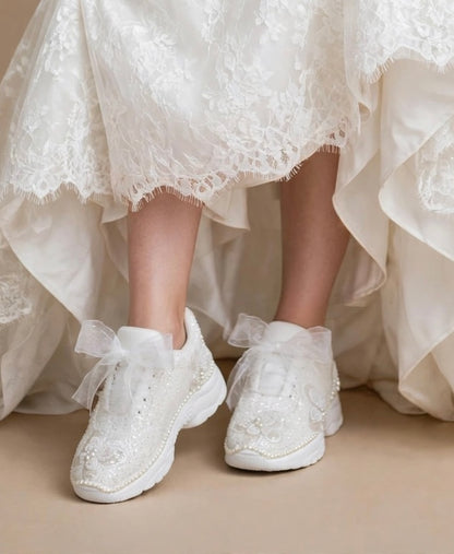 Celeste - Butterfly Pearl Bridal Sneakers with Organza Bow