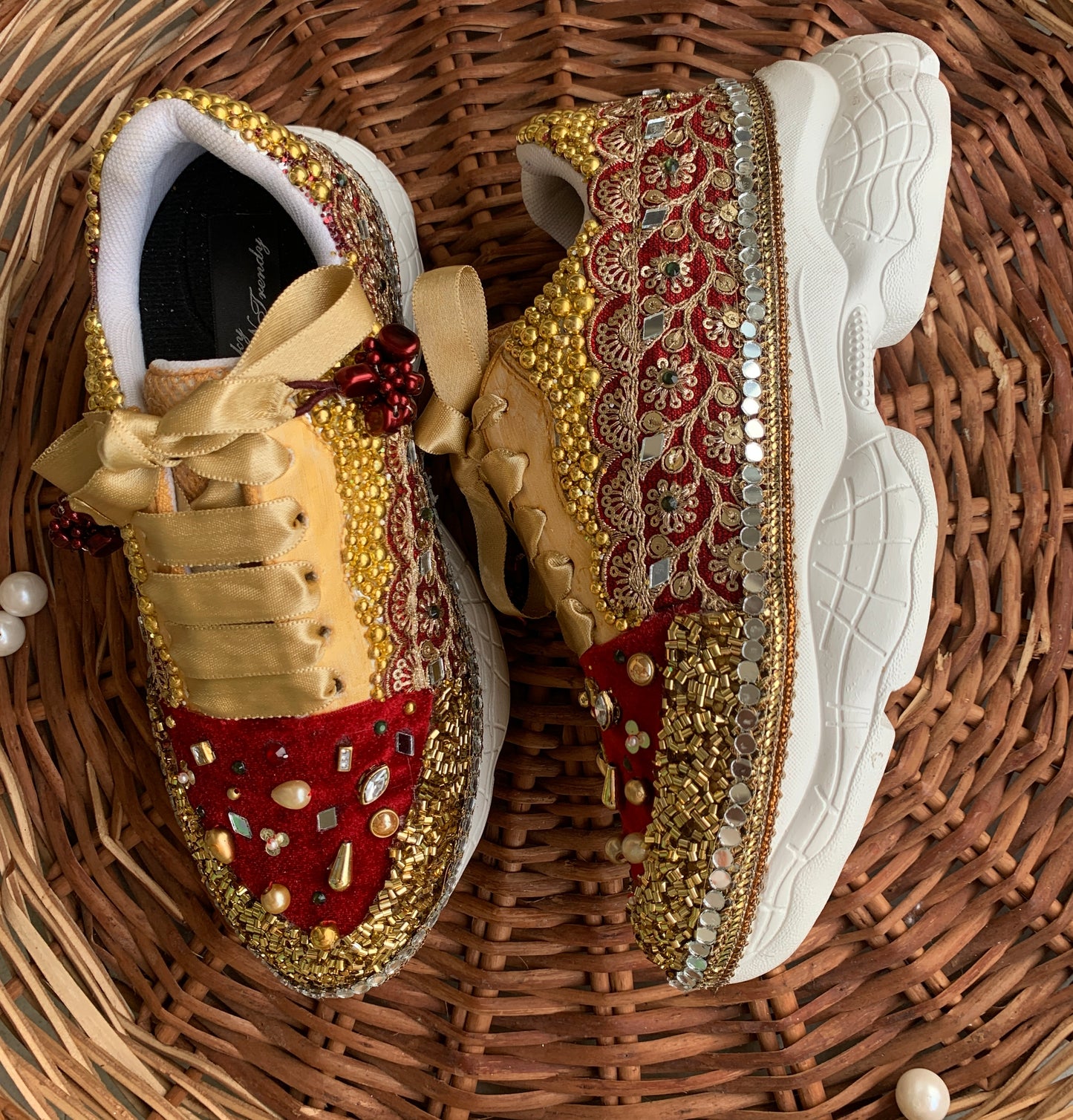 FUNKY N TRENDY maroon and gold sneakers with mirror detailing for brides /bridesmaids / sneakers for bridesmaids/ handcrafted sneakers/ maroon sneakers / bridal sneakers / bridesmaid sneakers/ maroon shoes