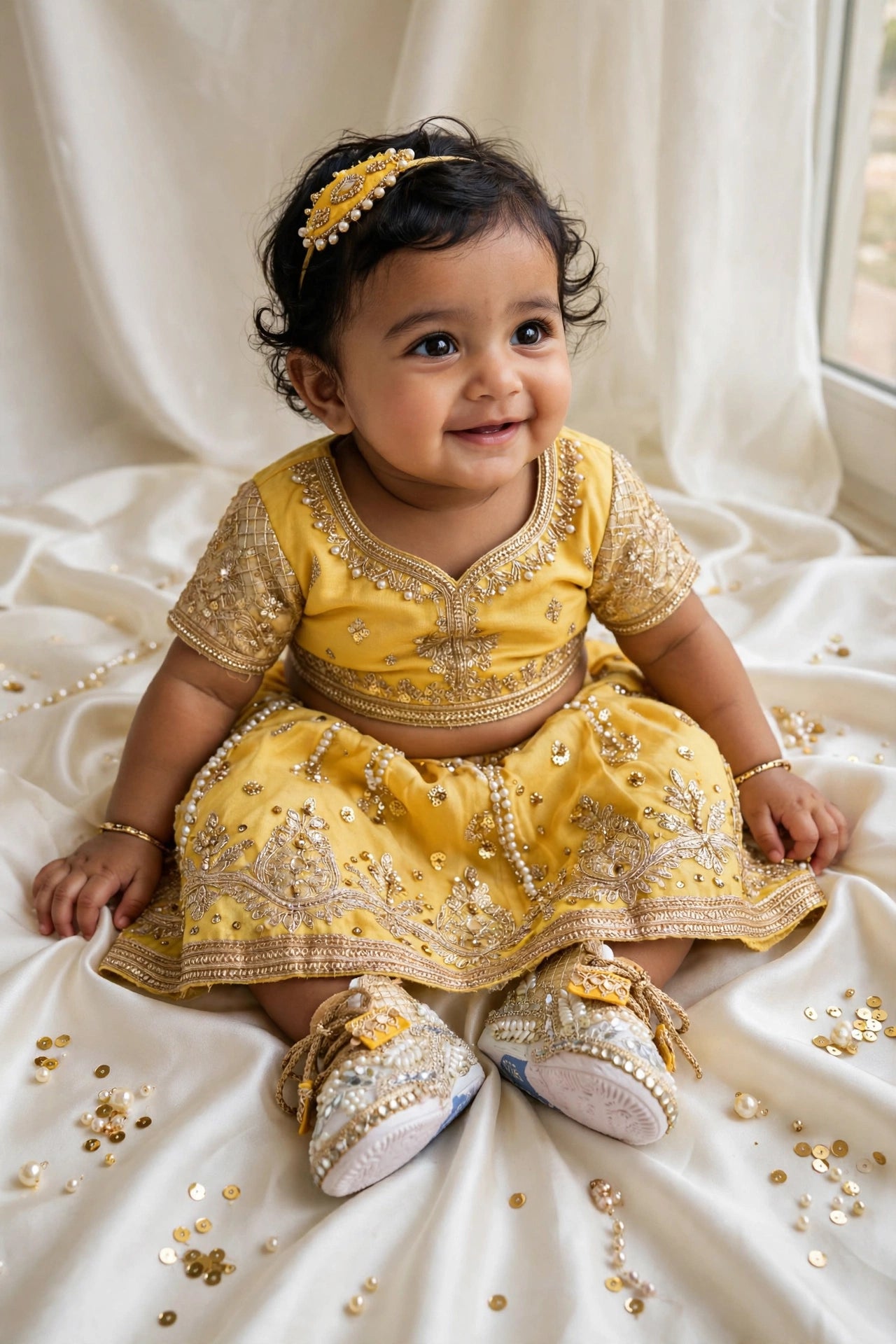 Aaira - Ivory & Gold Baby Girl Ethnic Sneakers | Pearl & Mirror Work First Birthday Shoes