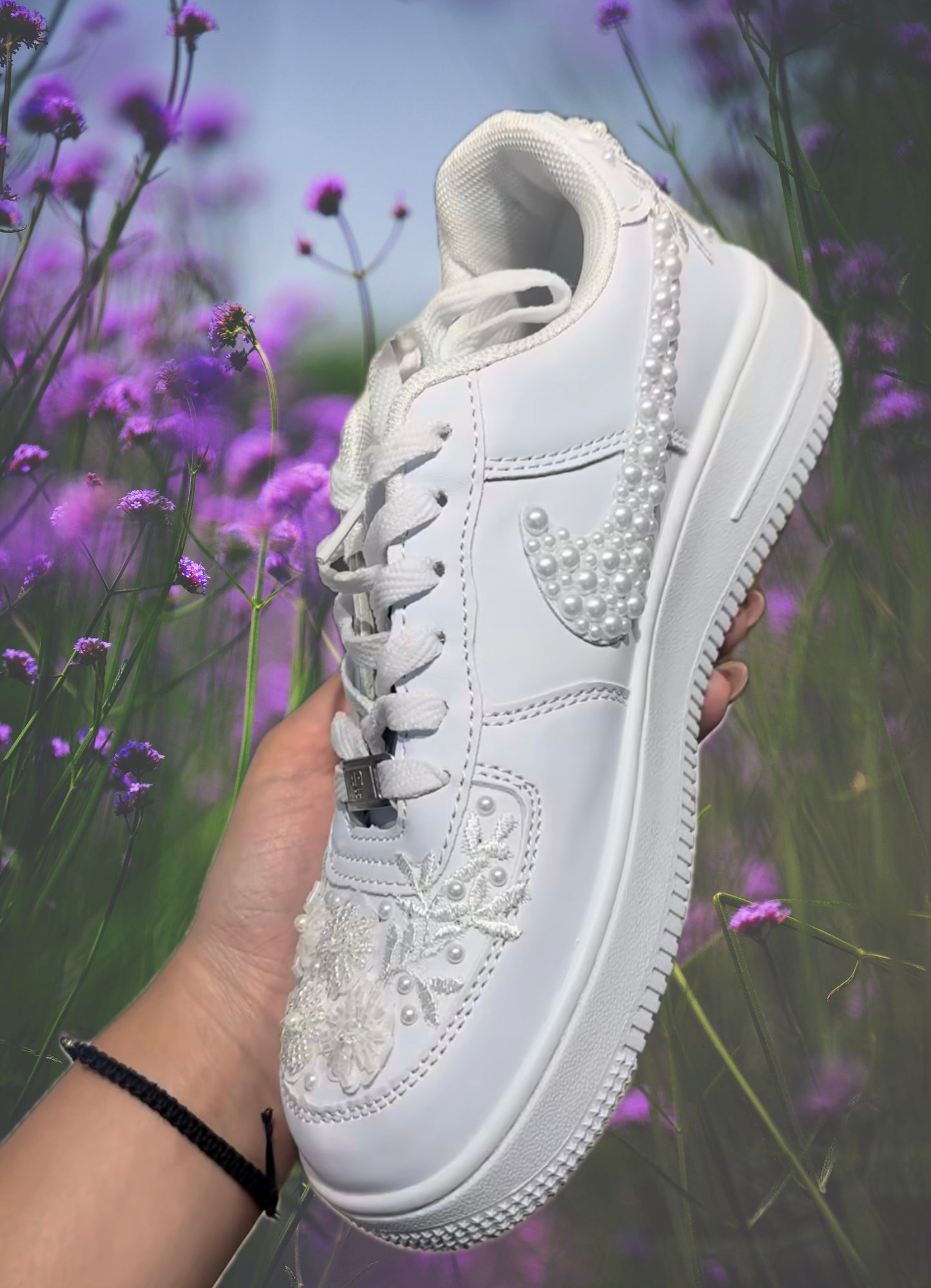 Funky N Trendy white pearl work sneakers with floral detailing / bridal sneakers/ sneaker for bride / white sneakers/ pearl sneakers for bride/ name initials/ wedding date is customizable