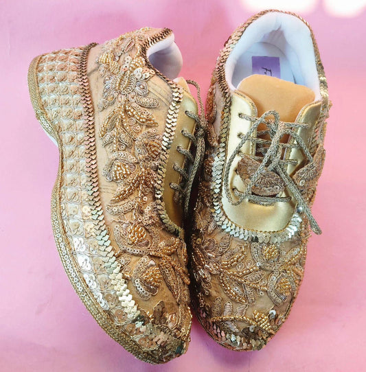Funky N Trendy hand crafted golden bridal sneakers bridesmaid sneakers/ gold sneakers / golden sneakers / mirror sneakers/hand embroidered sneakers/name initials / wedding date customization