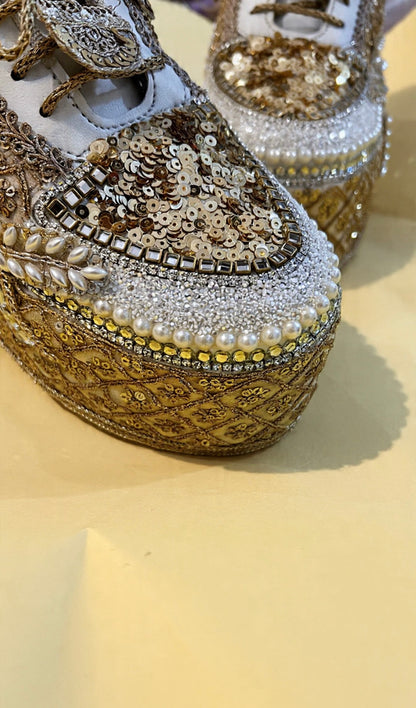 FUNKY N TRENDY Gold bridal sneakers - wedge sneakers heeled sneakers/ golden sneakers