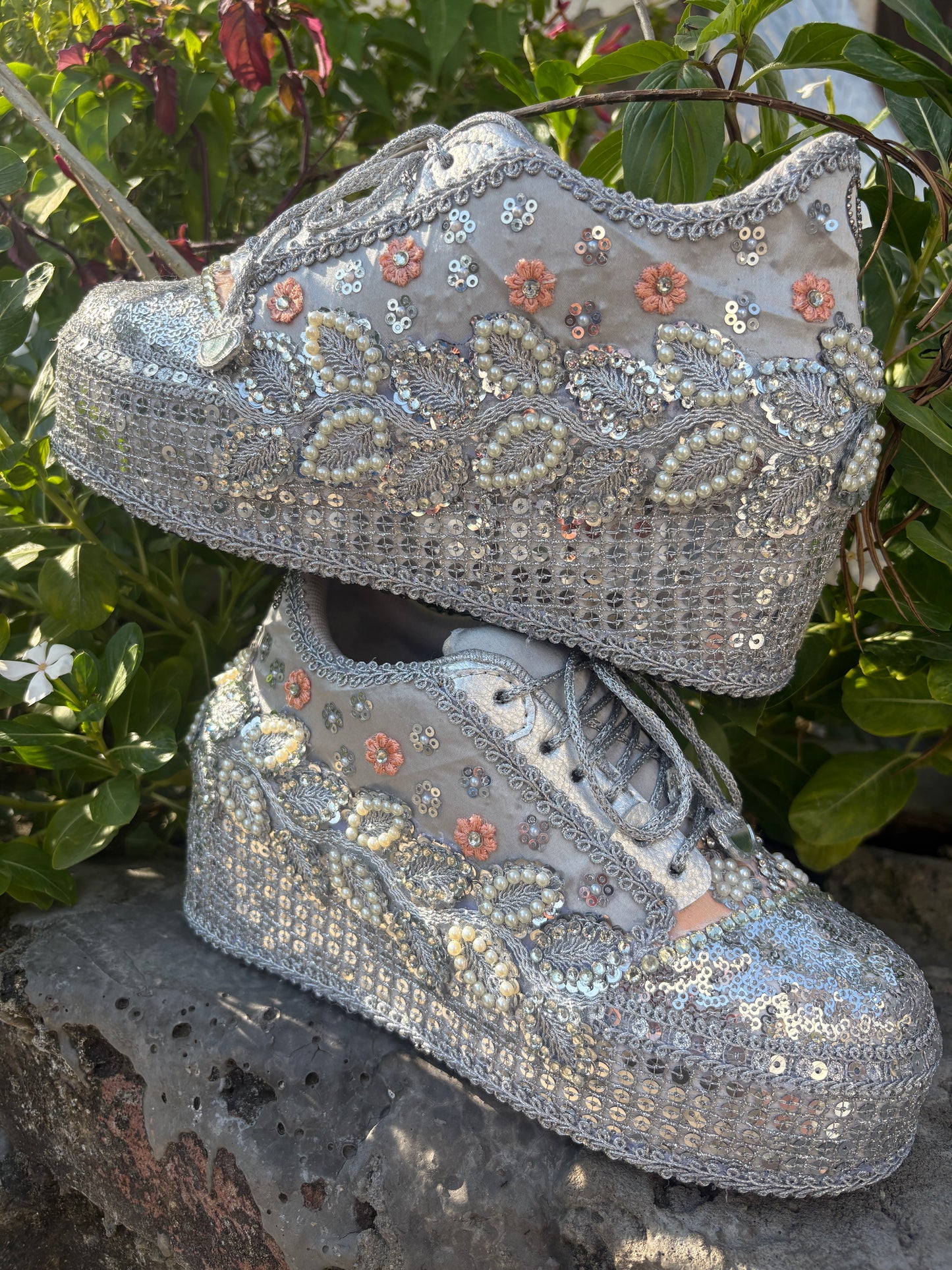 FUNKY N TRENDY Silver Mirror sequine work sneakers - wedge sneakers heeled sneakers/ silver sneakers