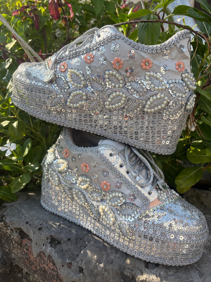FUNKY N TRENDY Silver Mirror sequine work sneakers - wedge sneakers heeled sneakers/ silver sneakers