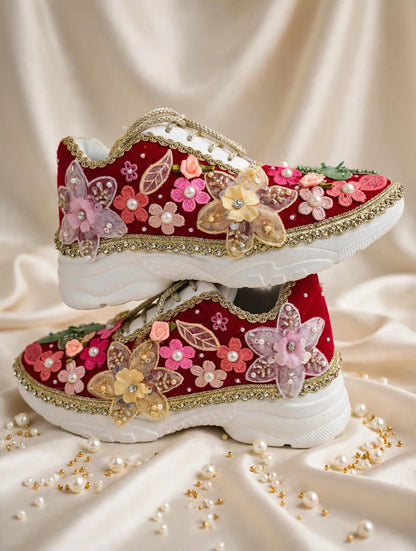 Laal Ishq - Red Bridal Sneakers with Multicolor Floral Embroidery & Pearls