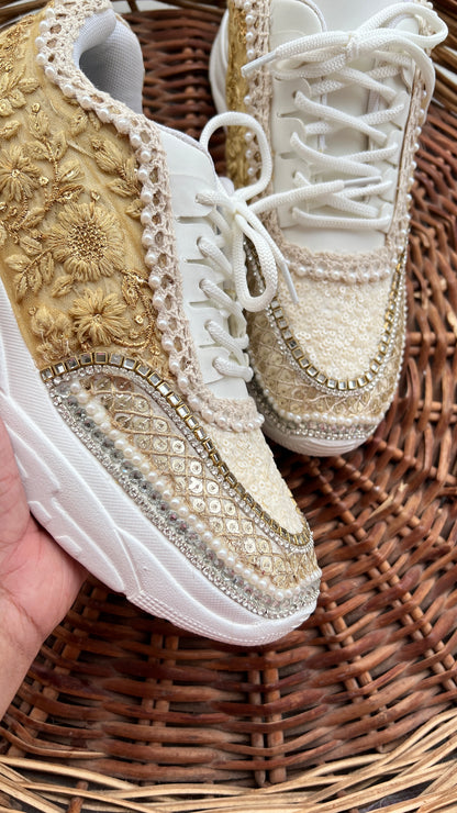 Funky N Trendy ivory / off white embroidery work bridal sneakers/ bridesmaid sneaker / hancrafted sneakers / gold sneakers / golden sneakers