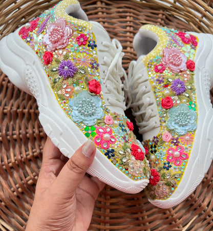 FUNKY N TRENDY “Yellow Pastel Garden Handcrafted Sneakers – Floral Magic”