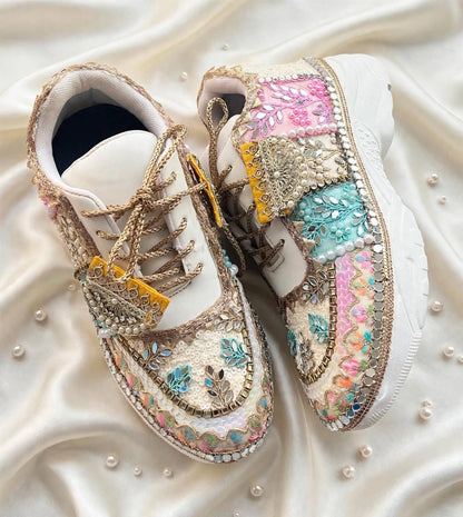 RANG RAAS - Multicolor Hand Embroidered Bridal Sneakers | Mirror Sequin Pearl Wedding Sneakers