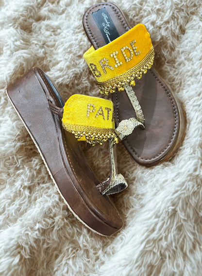 FUNKY N TRENDY Pataka Dulhan Heel Kolhapuri/ pataka dulhan heels/ yellow heels/ yellow kolhapuris/ heels for haldi ceremony/ haldi footwear