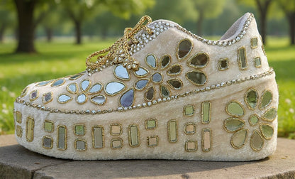 FUNKY N TRENDY Hand embroidered Mirror sneakers - wedge sneakers heeled sneakers/ gold sneakers/ ivory beige sneakers