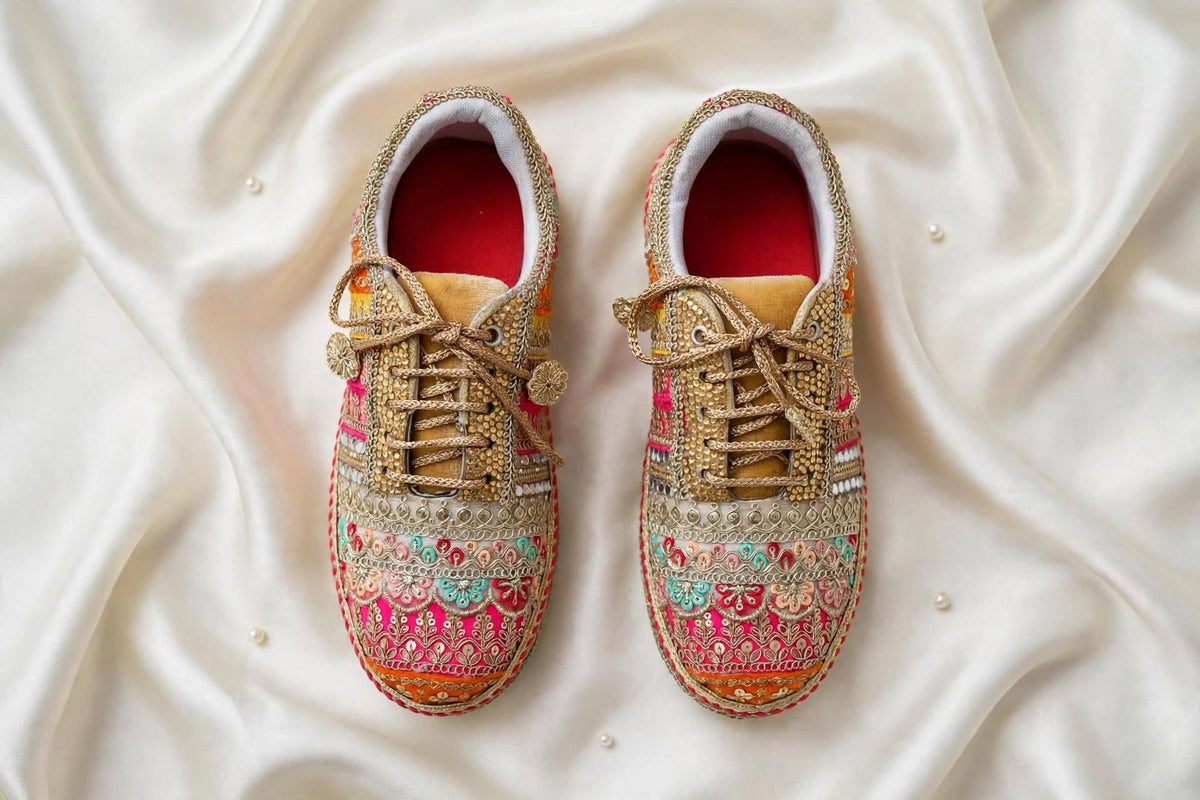 Handcrafted Mirror Work Bridal Sneakers | Indian Wedding Sneakers with Gota Patti Embroidery