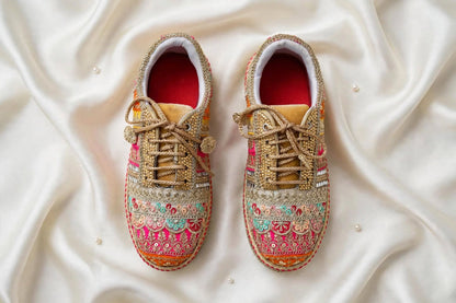 Handcrafted Mirror Work Bridal Sneakers | Indian Wedding Sneakers with Gota Patti Embroidery