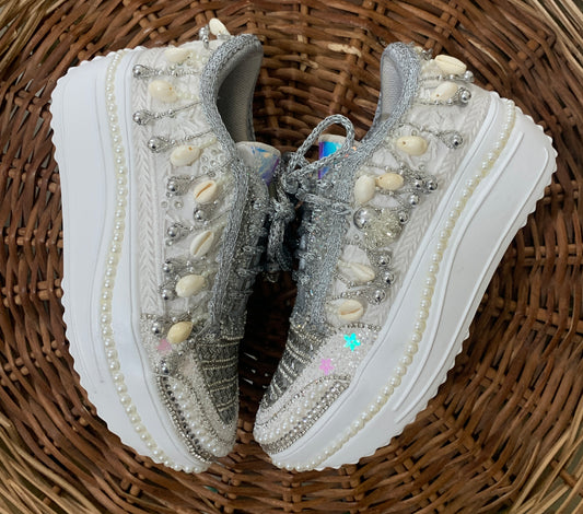FUNKY N TRENDY silver sneakers for brides / silver sneakers for bridesmaids/ silver sneakers / bridal sneakers / bridesmaid sneakers/ silver hand work sneakers