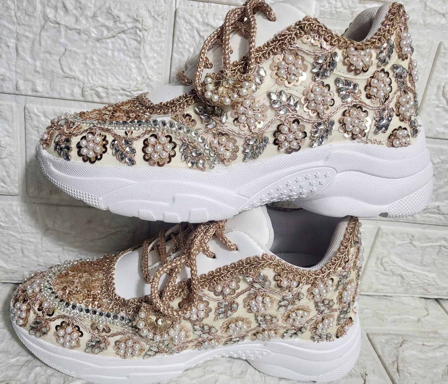FUNKY N TRENDY rose gold/ tan peach/gold sneakers with pearl detailing for brides / bridesmaids/ ivory sneakers / beige sneakers / tan peach shoes/ rose gold sneakers / rose gold shoes