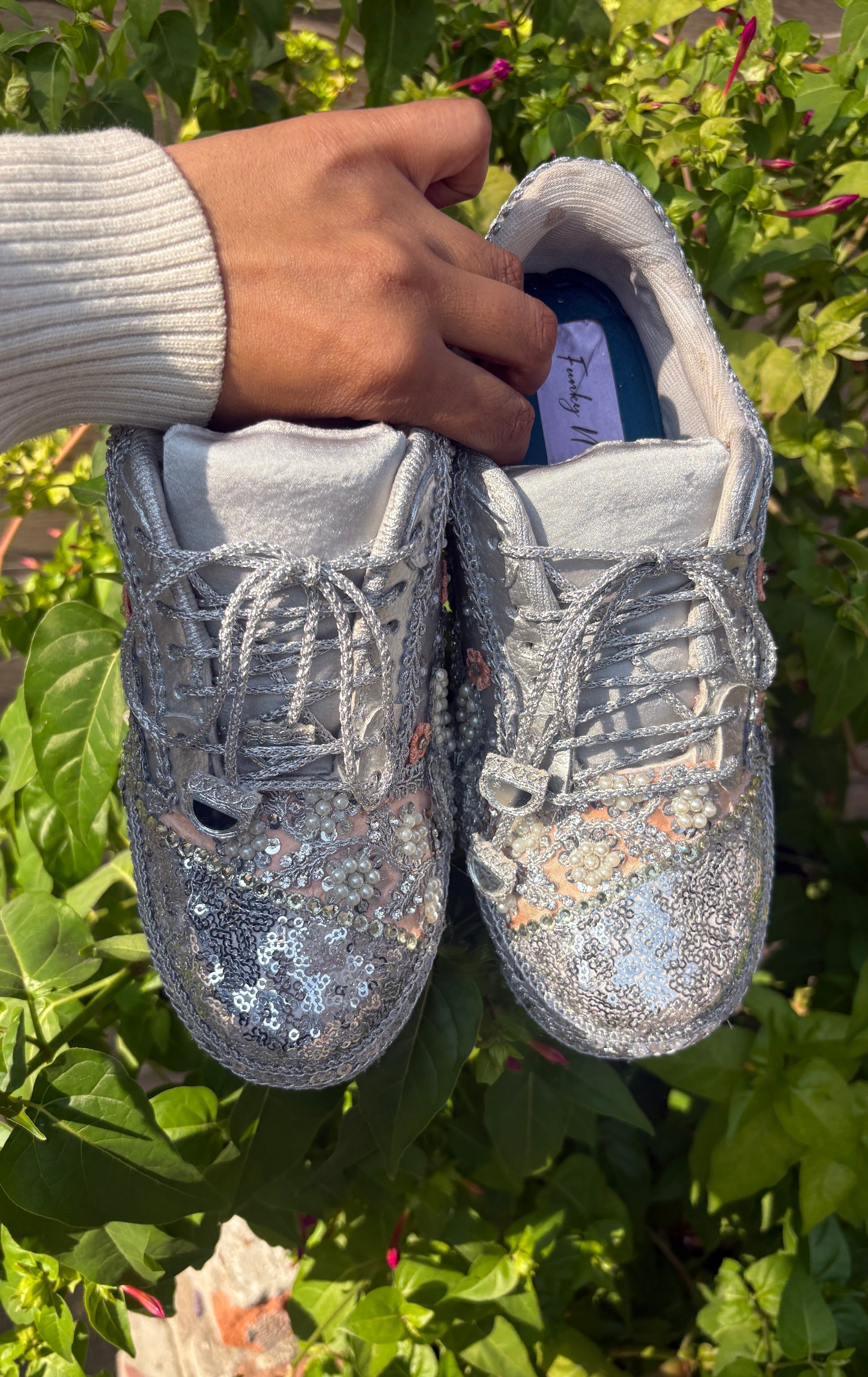 FUNKY N TRENDY Silver Mirror sequine work sneakers - wedge sneakers heeled sneakers/ silver sneakers