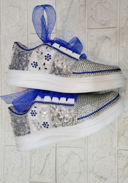 FUNKY N TRENDY rhinestone work bridal sneakers / bridesmaid sneakers/ silver sneakers / silver shoes/ rhinestone sneakers mirror shoes/ bride shoes/ embroidered shoes/ silver and blue sneakers