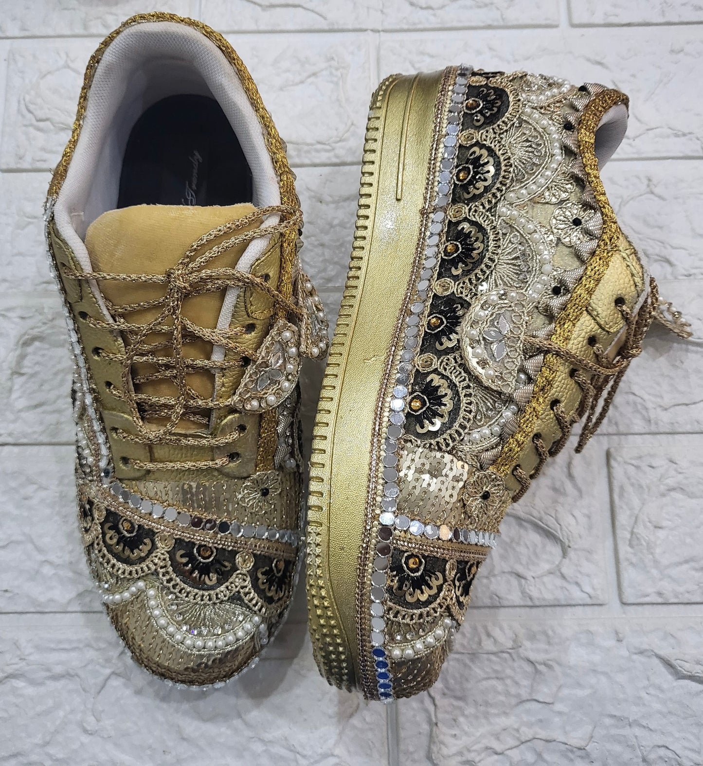 Funky N Trendy handcrafted pearl and mirror work bridal sneakers/ bridesmaid sneaker / black sneakers /black boho sneakers/ black shoes / black and gold sneakers / gold sneakers