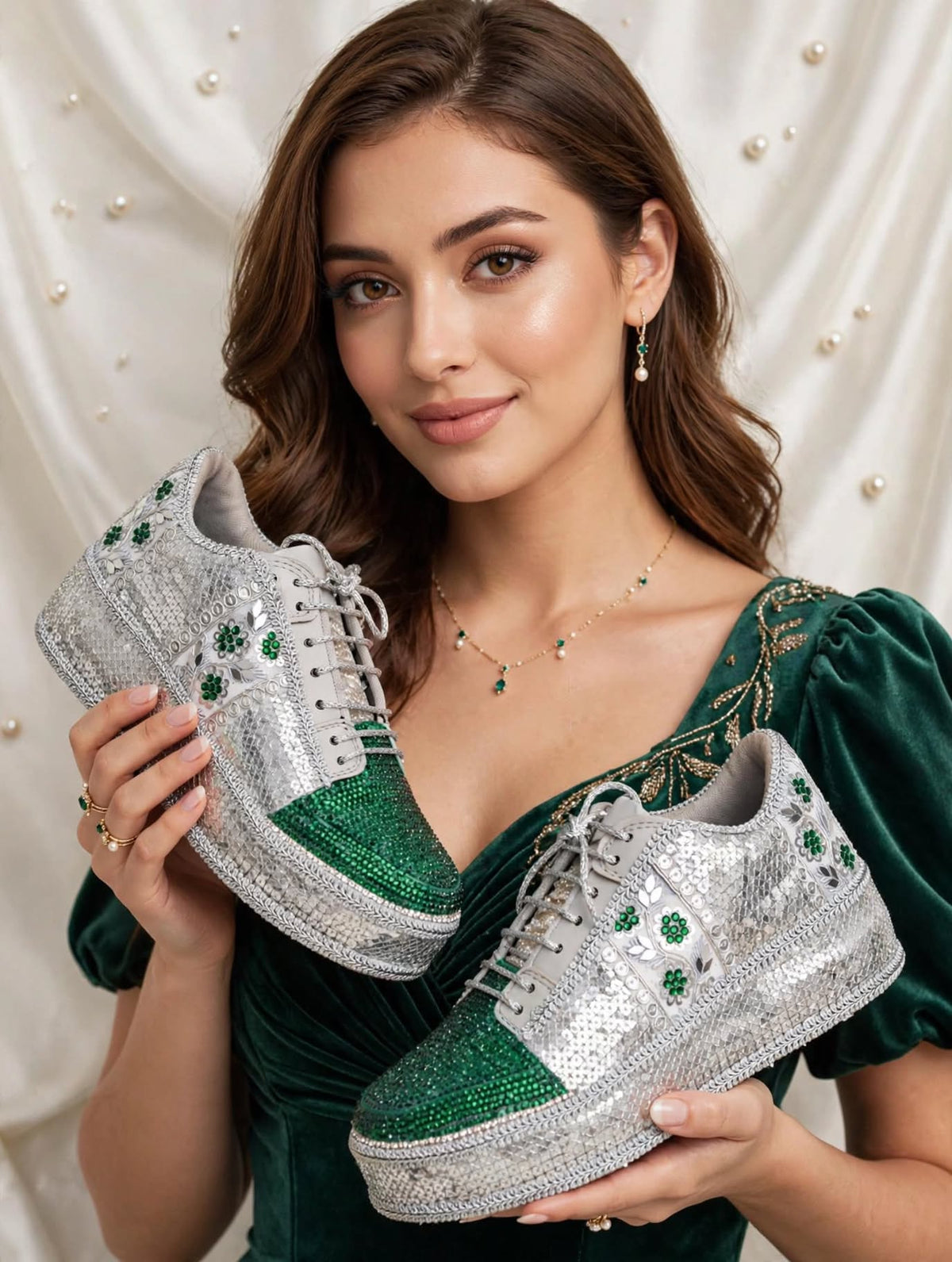 Silver Green Rhinestone Magic - Bridal Platform Sneakers | Silver Wedge Sneakers for Engagement or Sangeet