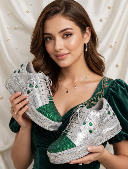 Silver Green Rhinestone Magic - Bridal Platform Sneakers | Silver Wedge Sneakers for Engagement or Sangeet